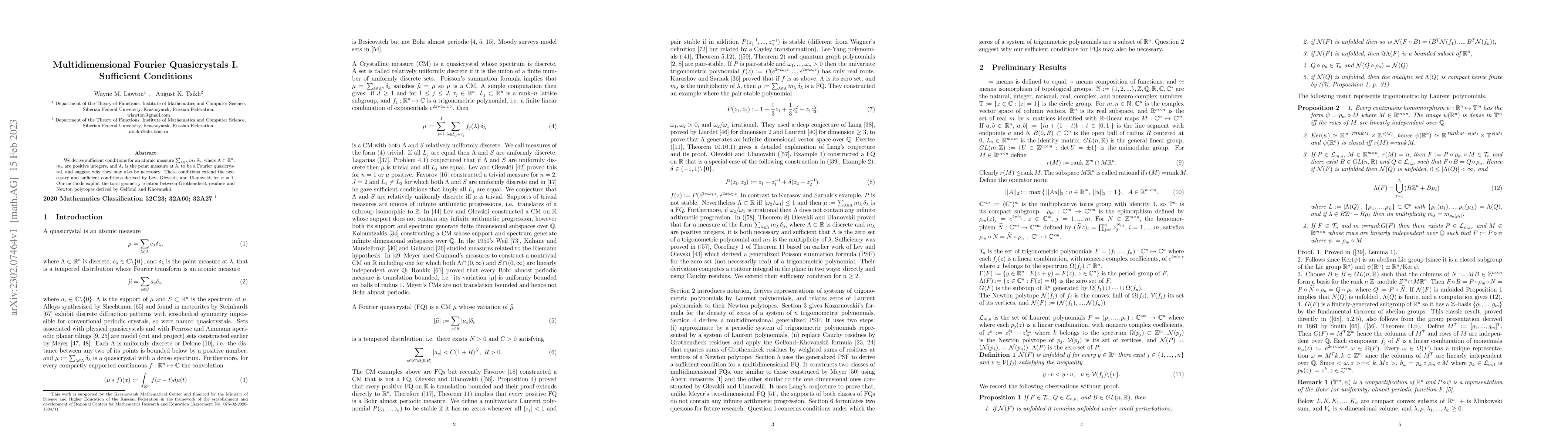 Thumbnail for Multidimensional Fourier Quasicrystals I. Sufficient Conditions