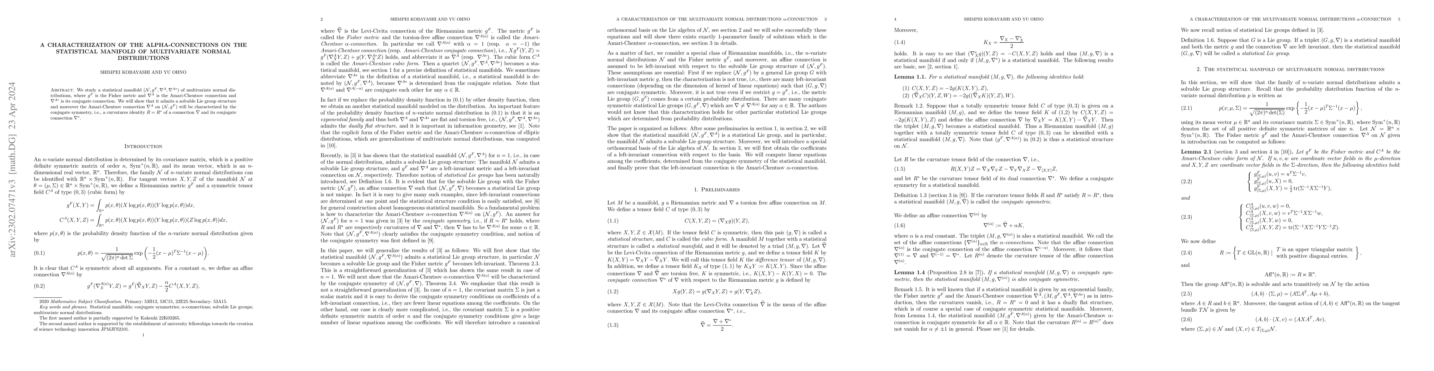 Thumbnail for A characterization of the alpha-connections on the statistical manifold
  of multivariate normal distributions