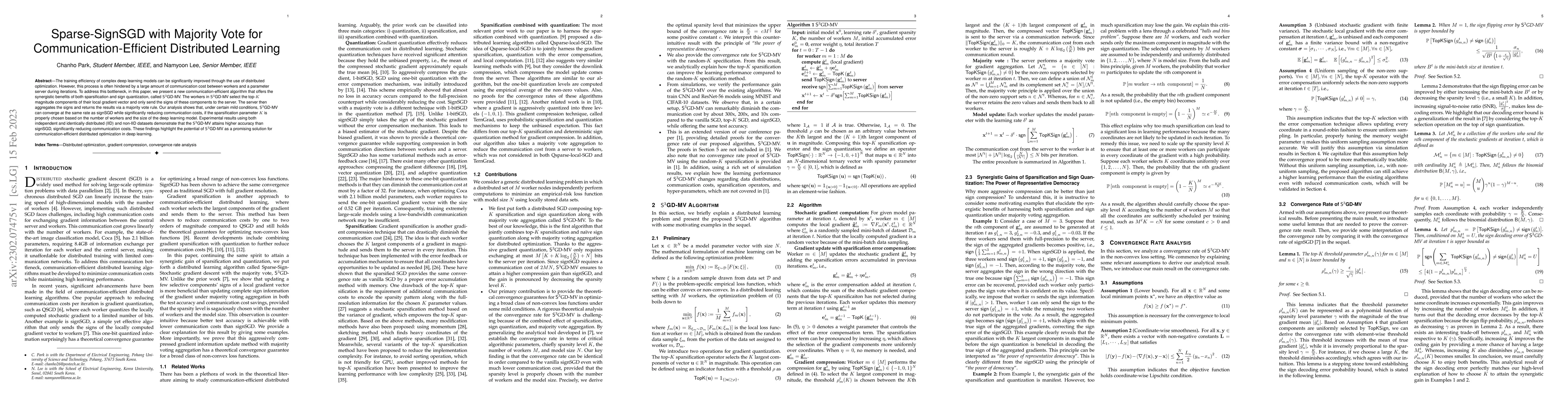 Thumbnail for Sparse-SignSGD with Majority Vote for Communication-Efficient
  Distributed Learning