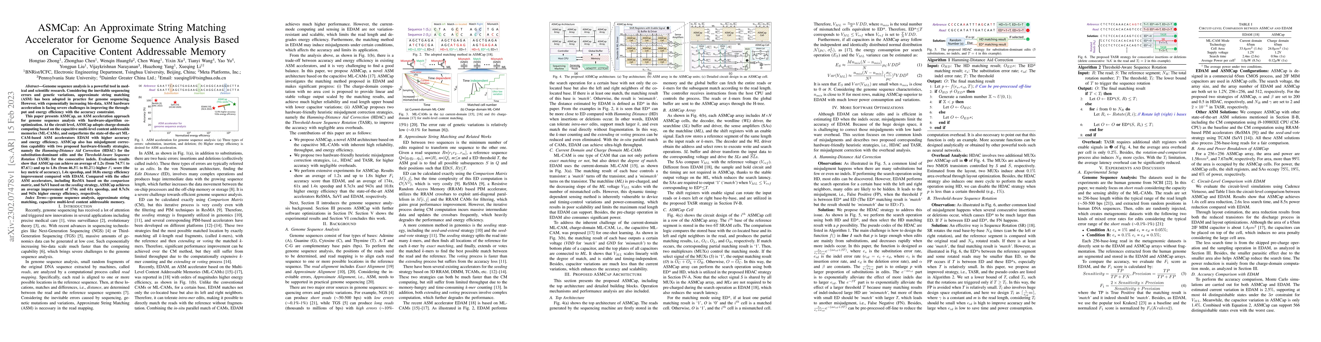 Thumbnail for ASMCap: An Approximate String Matching Accelerator for Genome Sequence
  Analysis Based on Capacitive Content Addressable Memory