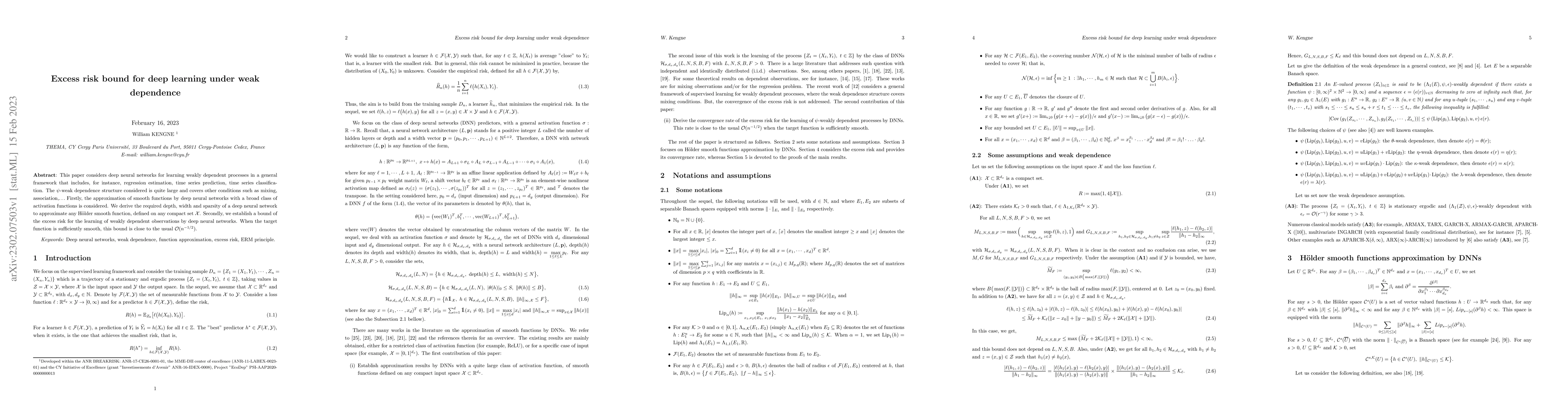Thumbnail for Excess risk bound for deep learning under weak dependence