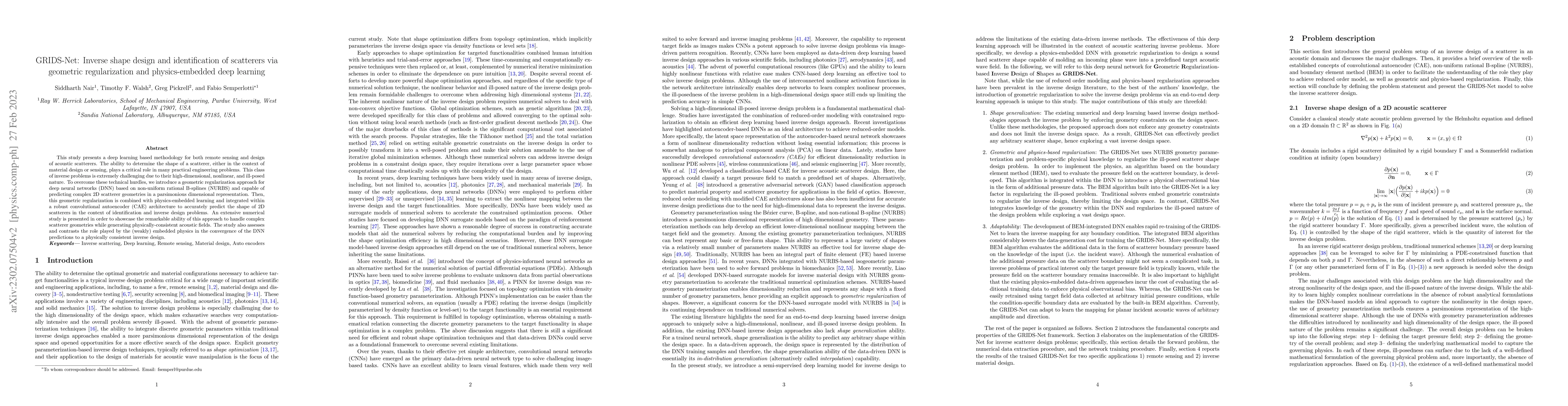 Thumbnail for GRIDS-Net: Inverse shape design and identification of scatterers via
  geometric regularization and physics-embedded deep learning