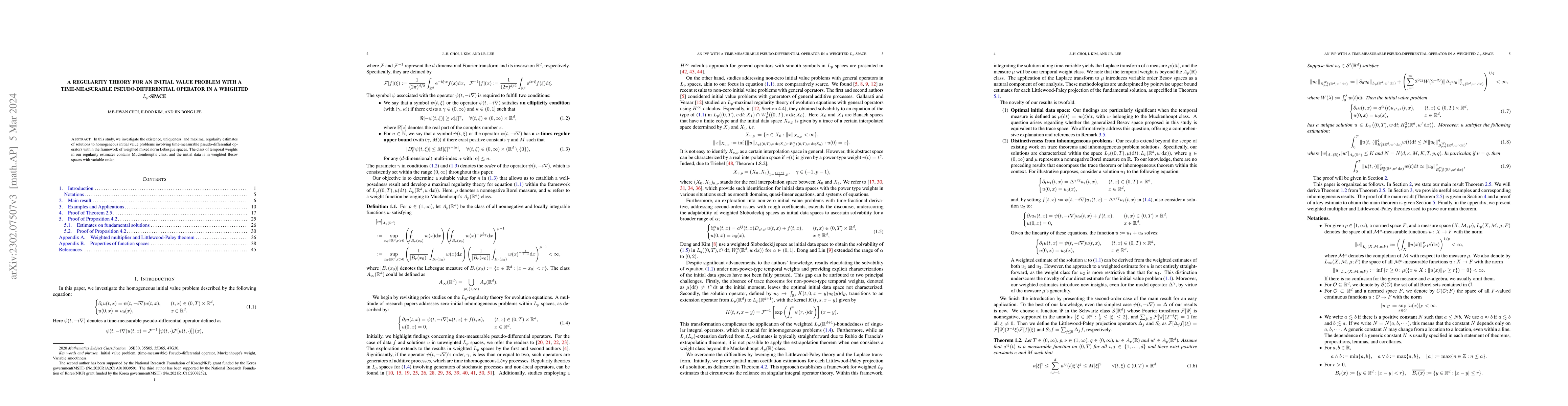 Thumbnail for A regularity theory for an initial value problem with a time-measurable
  pseudo-differential operator in a weighted $L_p$-space