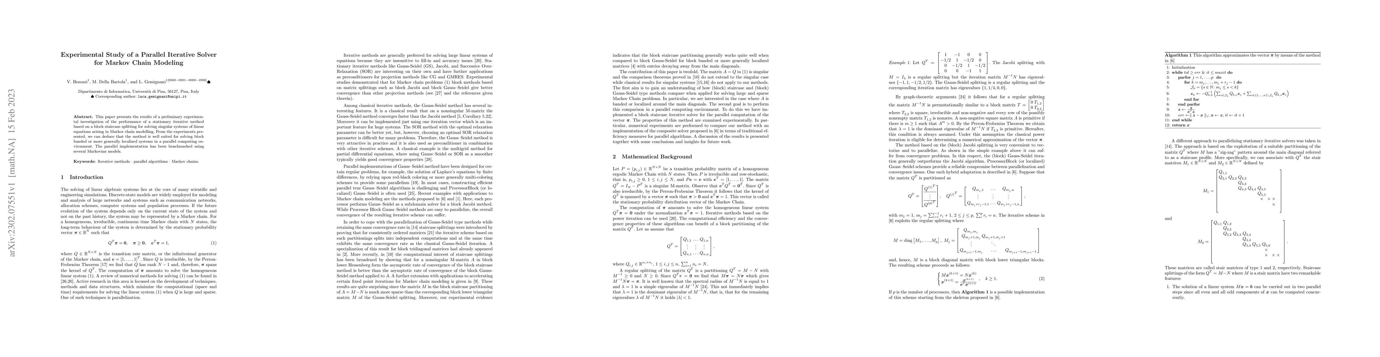 Thumbnail for Experimental Study of a Parallel Iterative Solver for Markov Chain
  Modeling