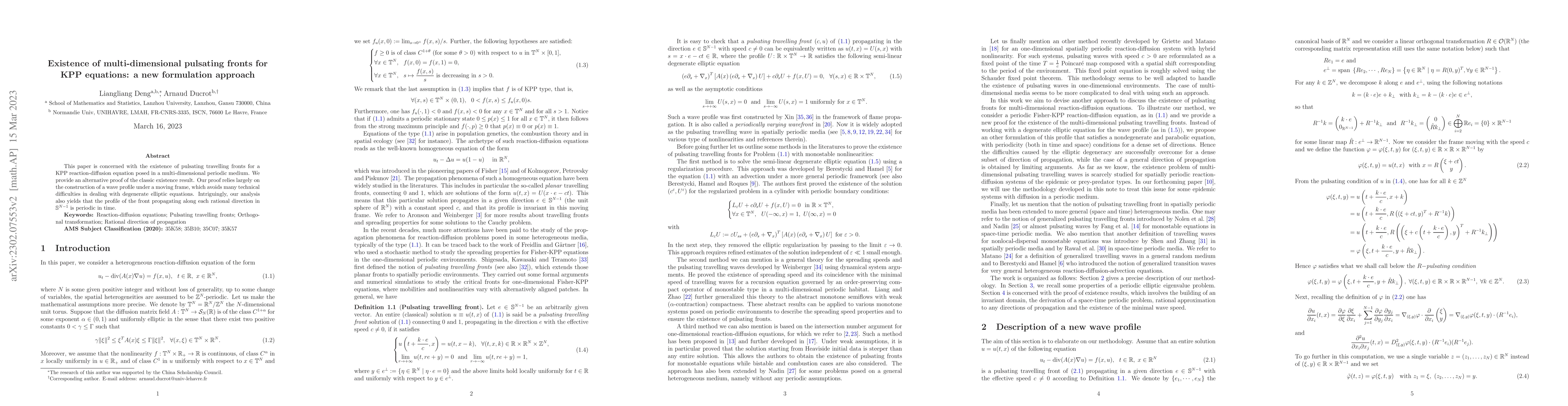 Thumbnail for Existence of multi-dimensional pulsating fronts for KPP equations: a new
  formulation approach