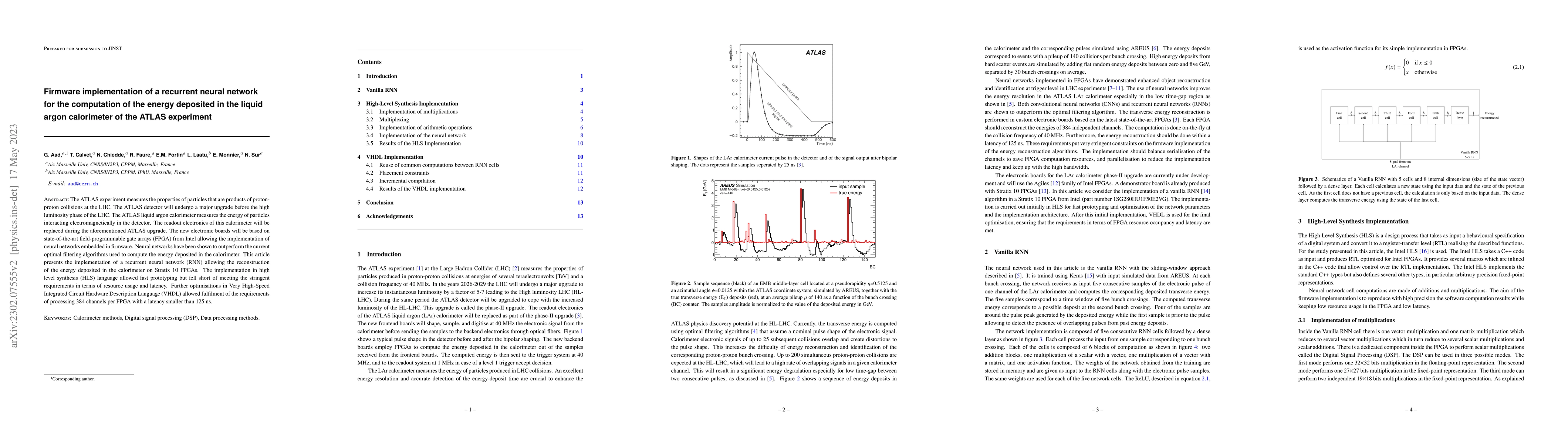 Thumbnail for Firmware implementation of a recurrent neural network for the
  computation of the energy deposited in the liquid argon calorimeter of the
  ATLAS experiment