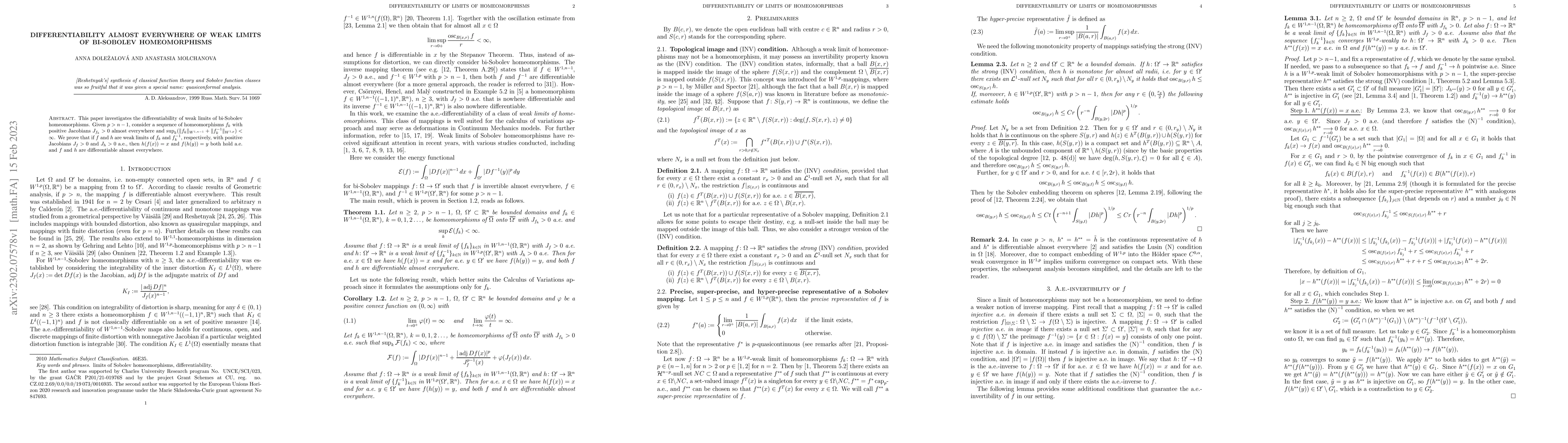 Thumbnail for Differentiability almost everywhere of weak limits of bi-Sobolev
  homeomorphisms