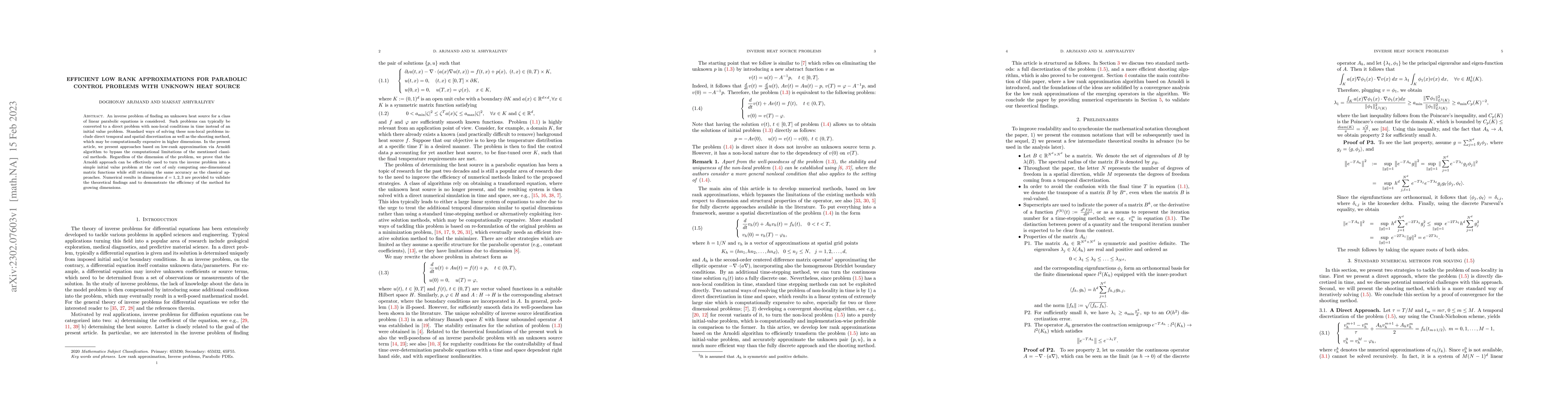 Thumbnail for Efficient low rank approximations for parabolic control problems with
  unknown heat source
