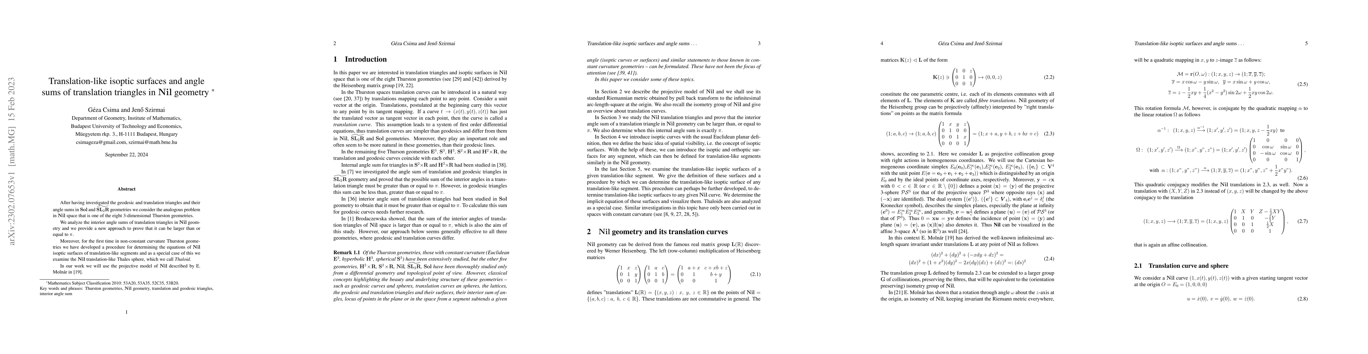 Thumbnail for Translation-like isoptic surfaces and angle sums of translation
  triangles in $\NIL$ geometry