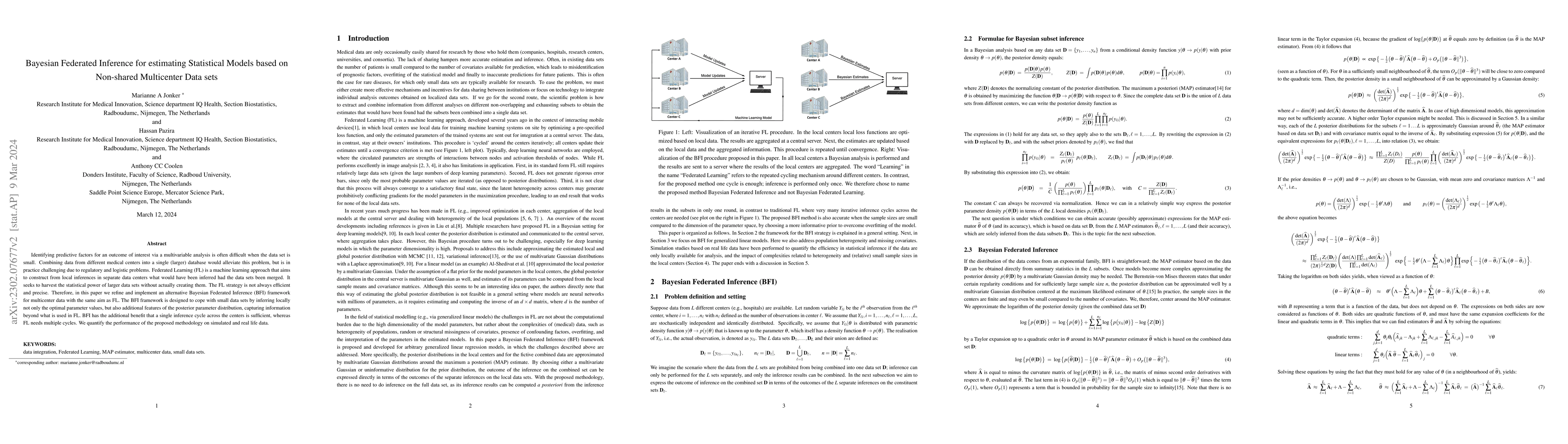 Thumbnail for Bayesian Federated Inference for estimating Statistical Models based on
  Non-shared Multicenter Data sets