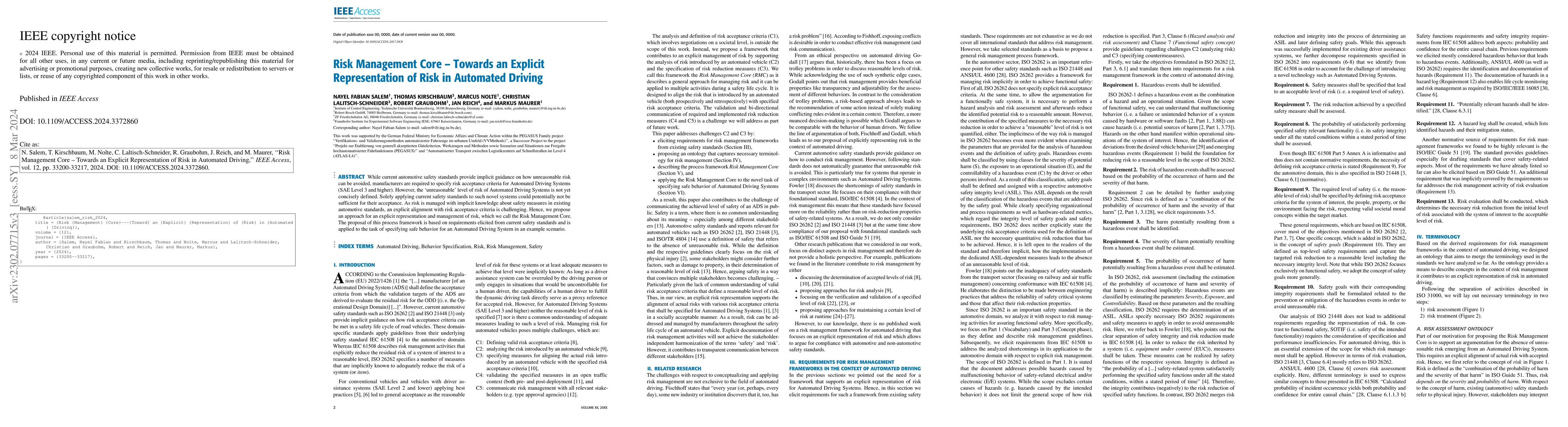 Thumbnail for Risk Management Core -- Towards an Explicit Representation of Risk in
  Automated Driving