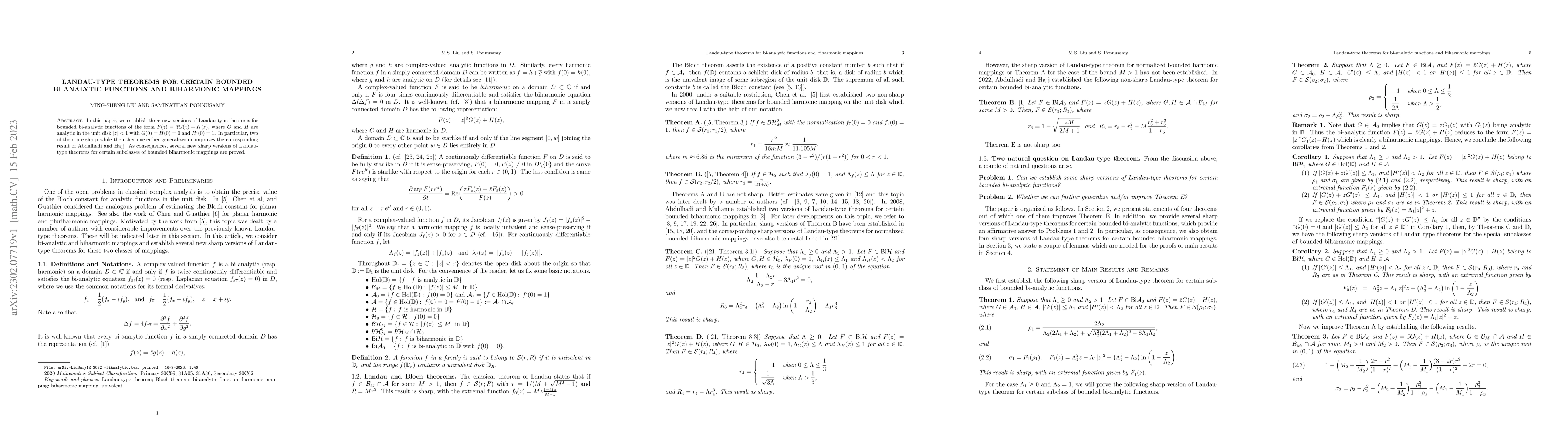 Thumbnail for Landau-type theorems for certain bounded bi-analytic functions and
  biharmonic mappings