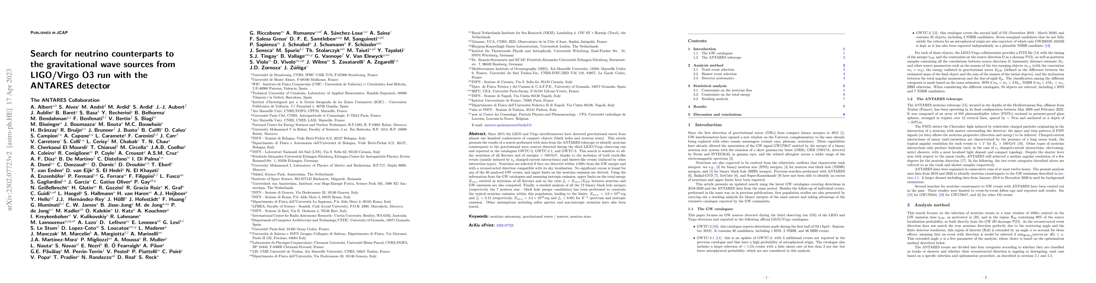 Thumbnail for Search for neutrino counterparts to the gravitational wave sources from
  LIGO/Virgo O3 run with the ANTARES detector