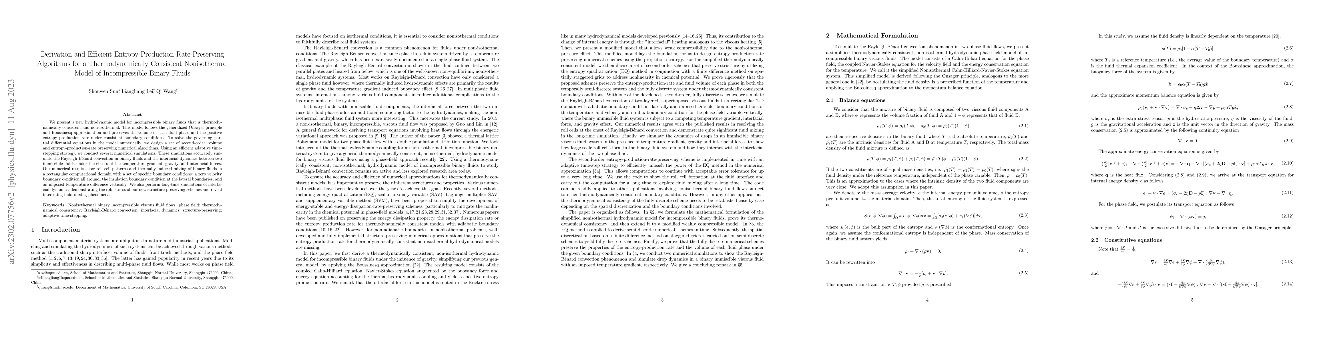 Thumbnail for Derivation and Efficient Entropy-Production-Rate-Preserving Algorithms
  for a Thermodynamically Consistent Nonisothermal Model of Incompressible
  Binary Fluids