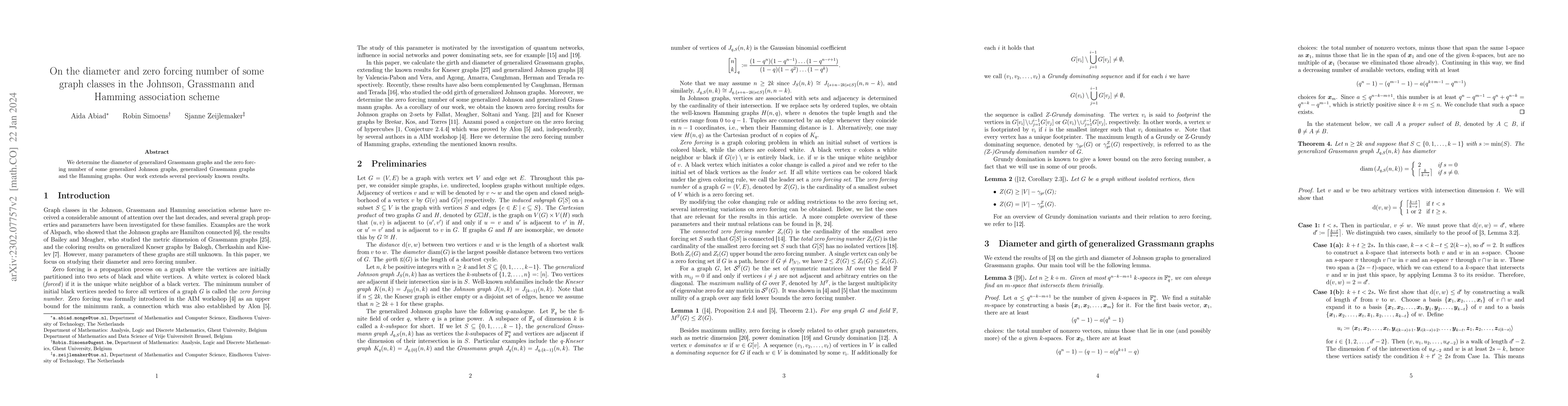 Thumbnail for On the diameter and zero forcing number of some graph classes in the
  Johnson, Grassmann and Hamming association scheme