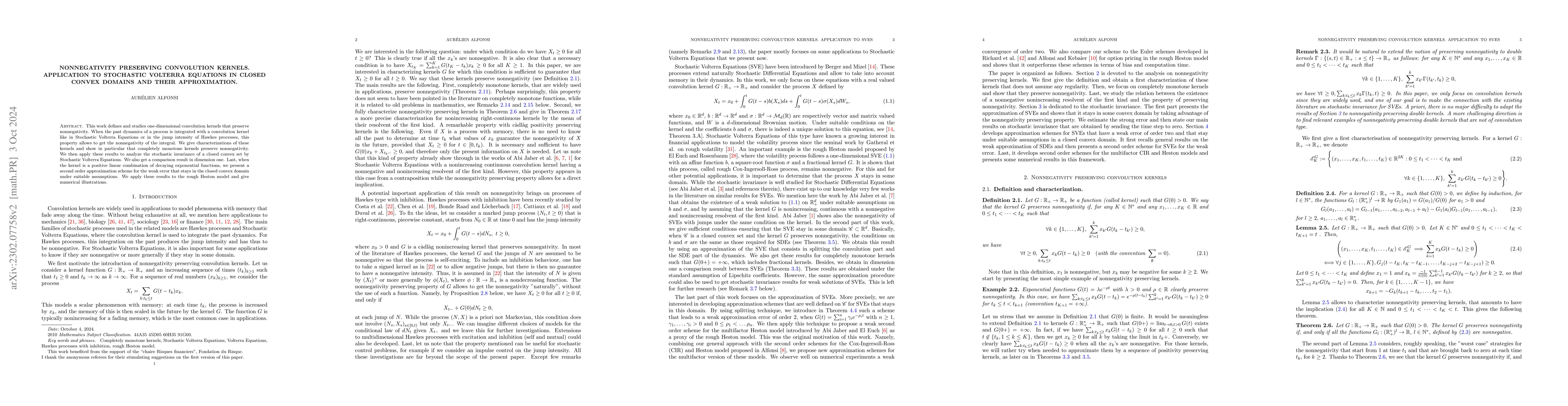 Thumbnail for Nonnegativity preserving convolution kernels. Application to Stochastic
  Volterra Equations in closed convex domains and their approximation