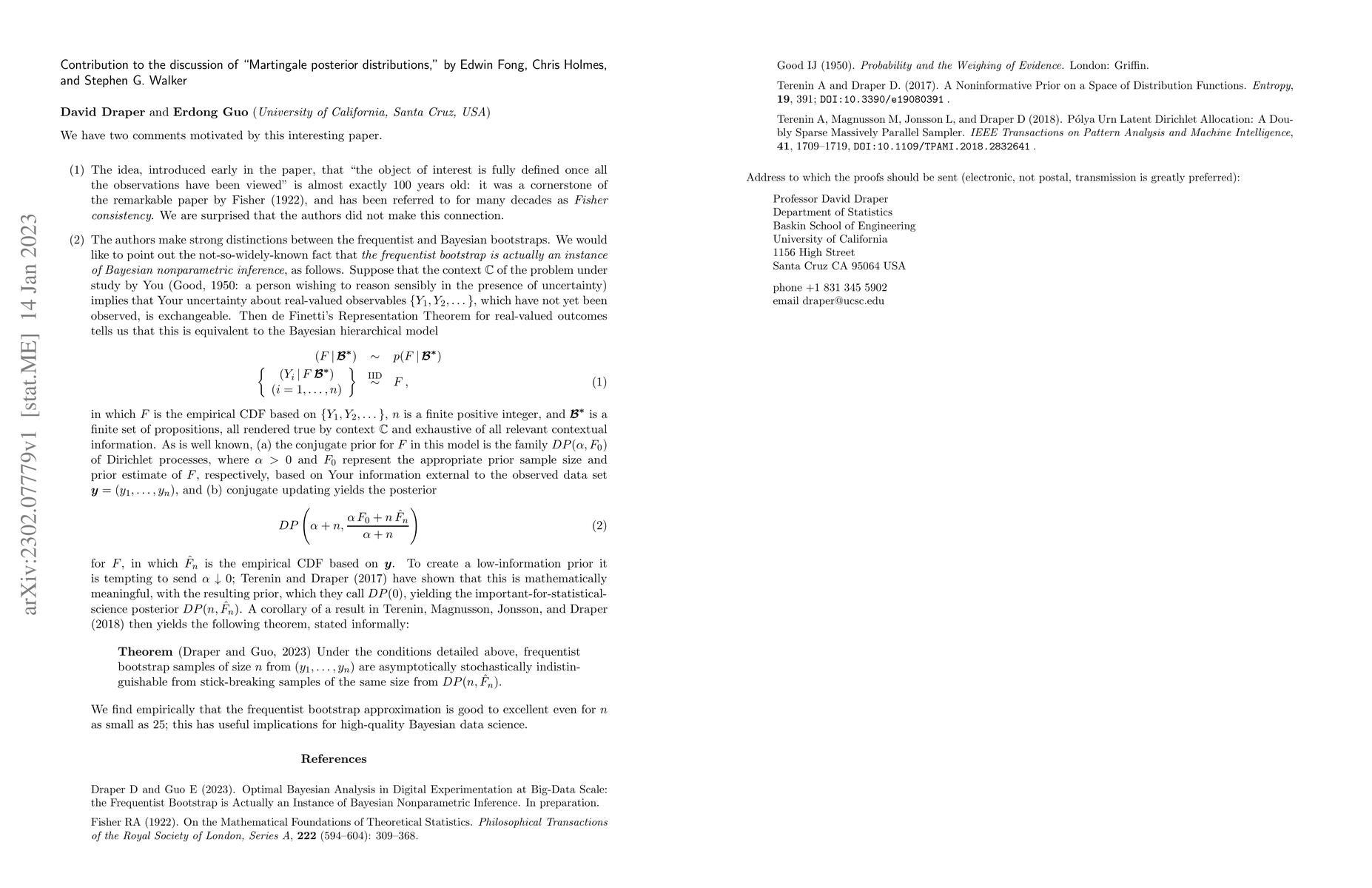 Thumbnail for Discussion of Martingale Posterior Distributions by E. Fong, C. Holmes,
  and S. G. Walker