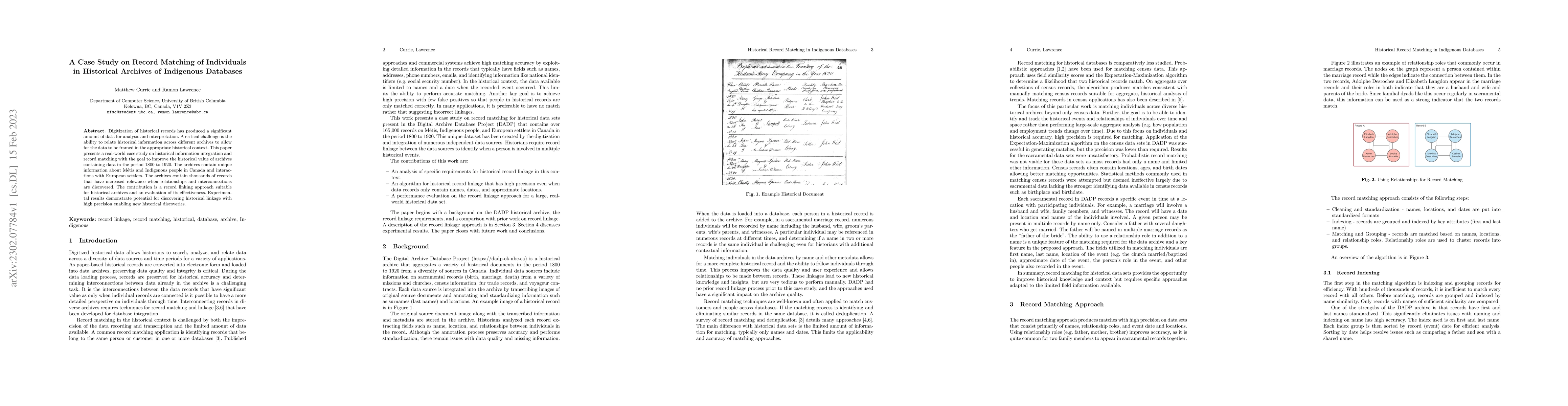 Thumbnail for A Case Study on Record Matching of Individuals in Historical Archives of
  Indigenous Databases