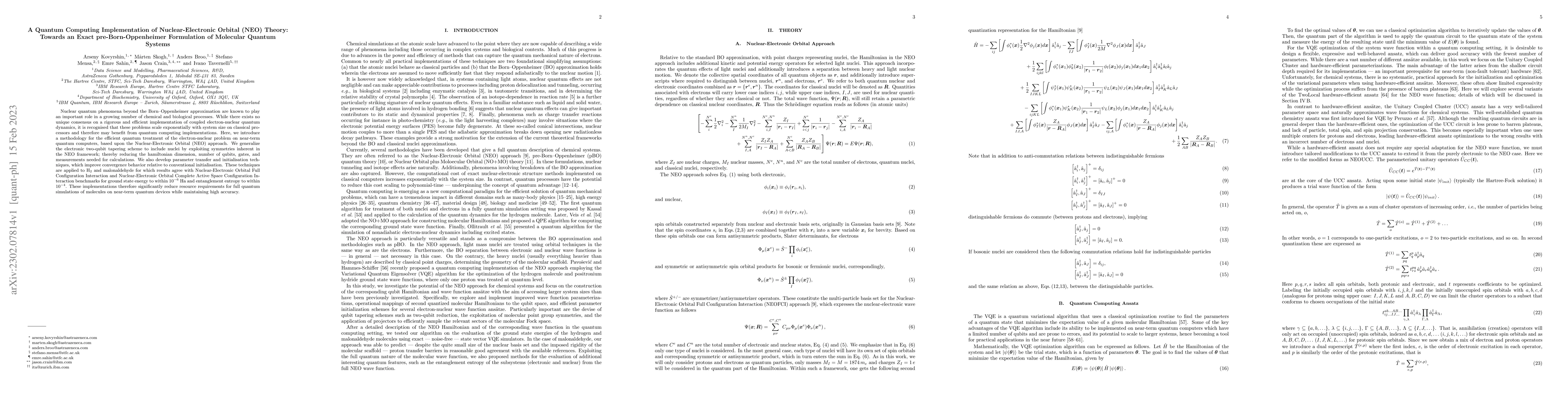Thumbnail for A Quantum Computing Implementation of Nuclear-Electronic Orbital (NEO)
  Theory: Towards an Exact pre-Born-Oppenheimer Formulation of Molecular
  Quantum Systems