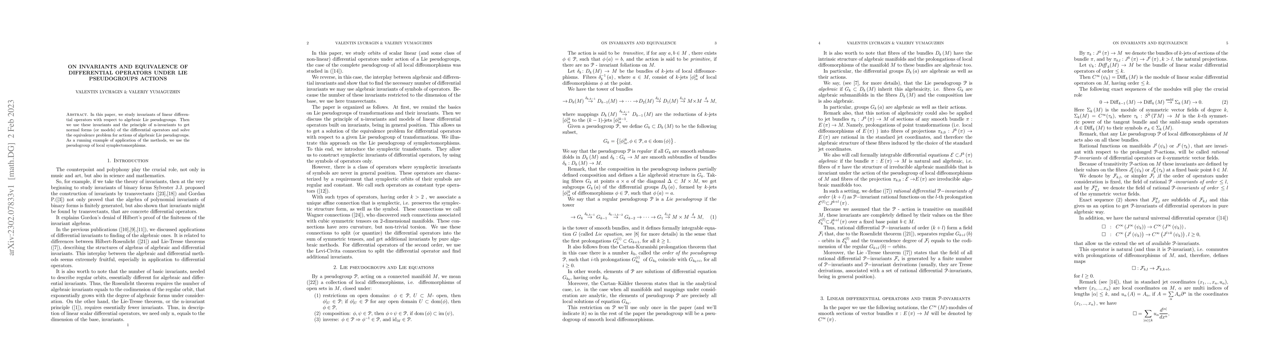 Thumbnail for On invariants and equivalence of differential operators under Lie
  pseudogroups actions