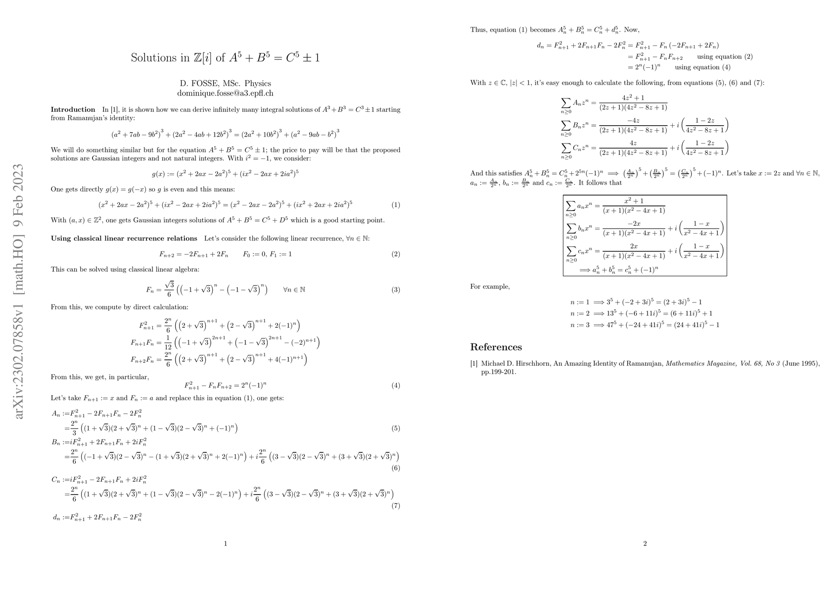 Thumbnail for Solutions in $\mathbb{Z}[i]$ of $A^{5}+B^{5}=C^{5}\pm 1$