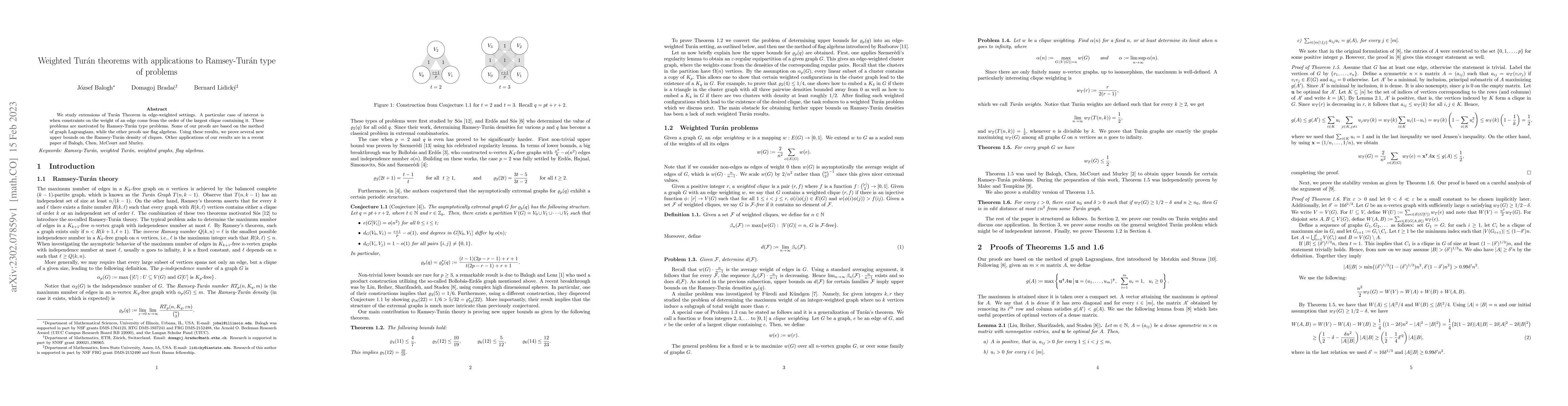 Thumbnail for Weighted Tur\'an theorems with applications to Ramsey-Tur\'an type of
  problems