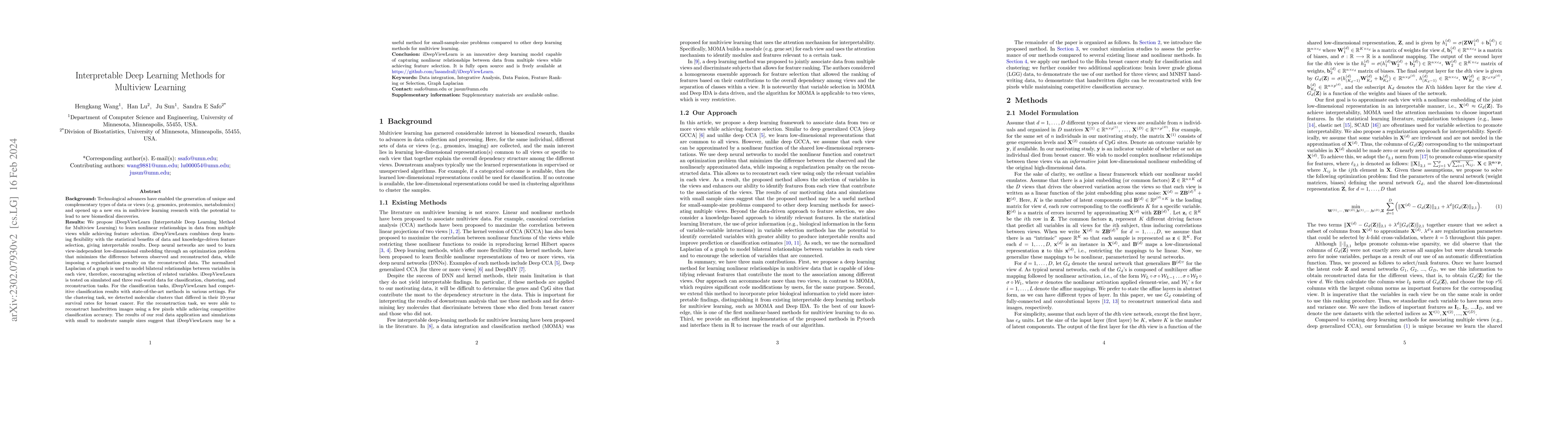 Thumbnail for Interpretable Deep Learning Methods for Multiview Learning