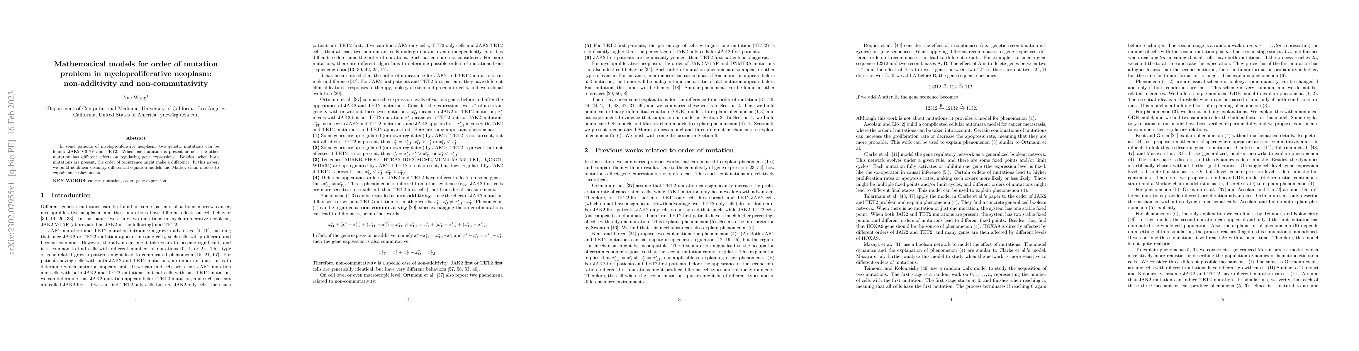 Thumbnail for Mathematical models for order of mutation problem in myeloproliferative
  neoplasm: non-additivity and non-commutativity