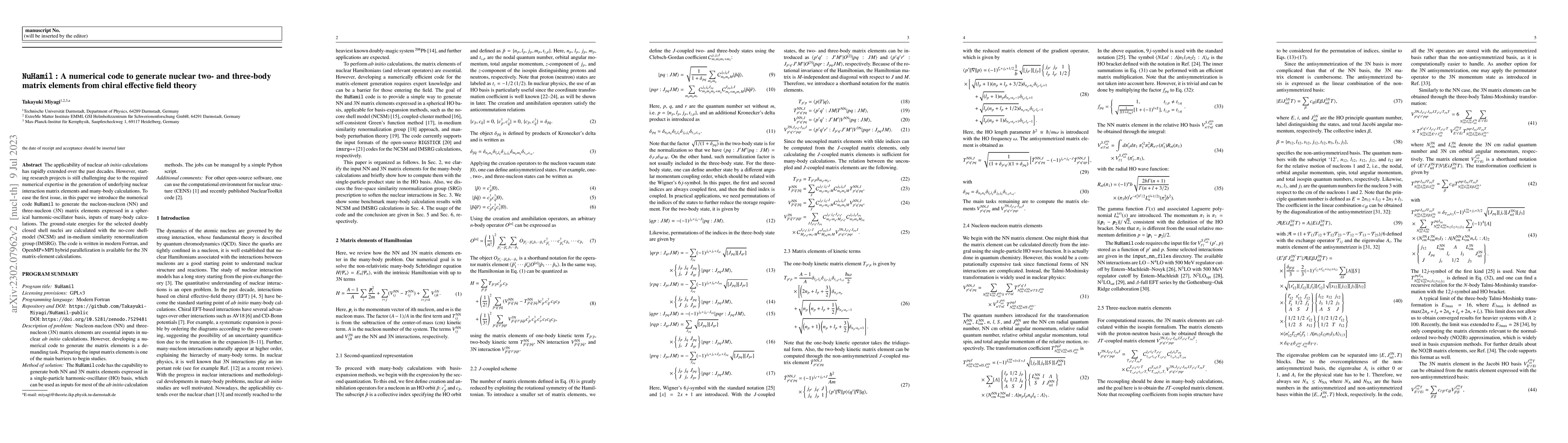 Thumbnail for \texttt{NuHamil}: A numerical code to generate nuclear two- and
  three-body matrix elements from chiral effective field theory