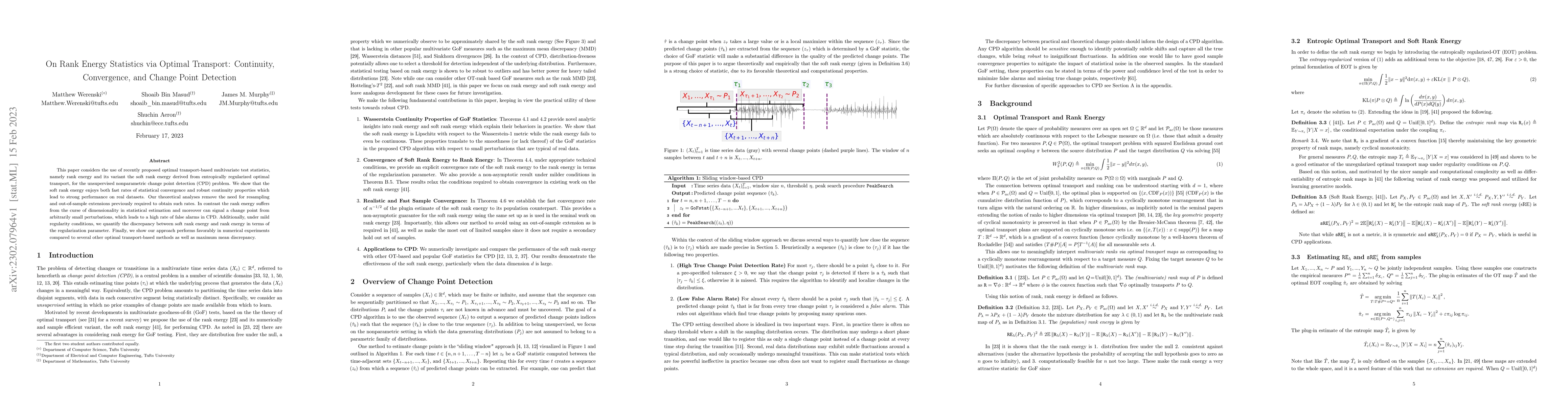 Thumbnail for On Rank Energy Statistics via Optimal Transport: Continuity,
  Convergence, and Change Point Detection