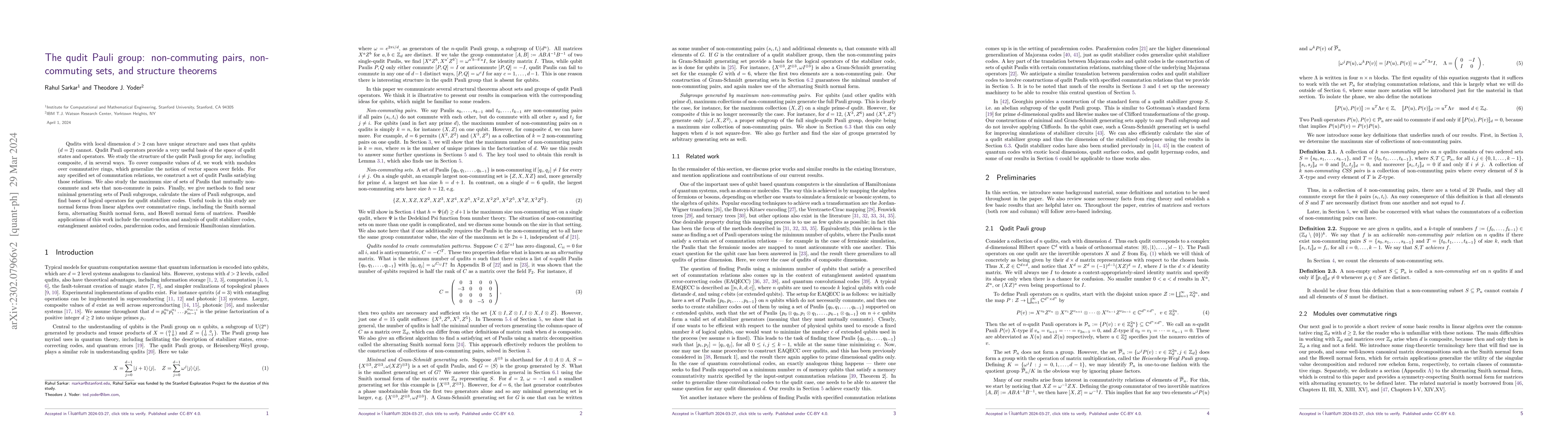 Thumbnail for The qudit Pauli group: non-commuting pairs, non-commuting sets, and
  structure theorems