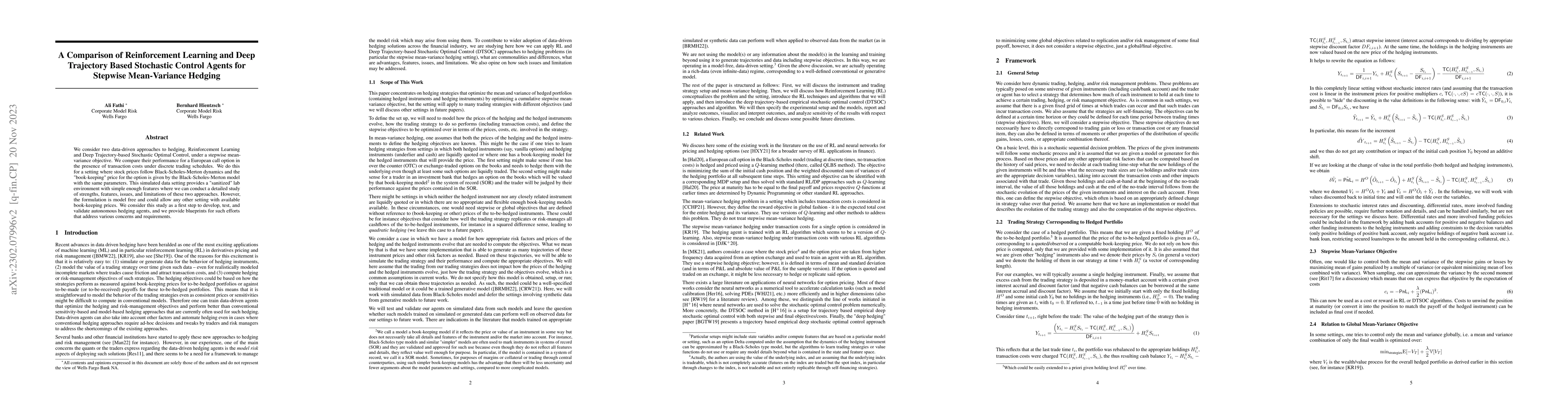 Thumbnail for A Comparison of Reinforcement Learning and Deep Trajectory Based
  Stochastic Control Agents for Stepwise Mean-Variance Hedging