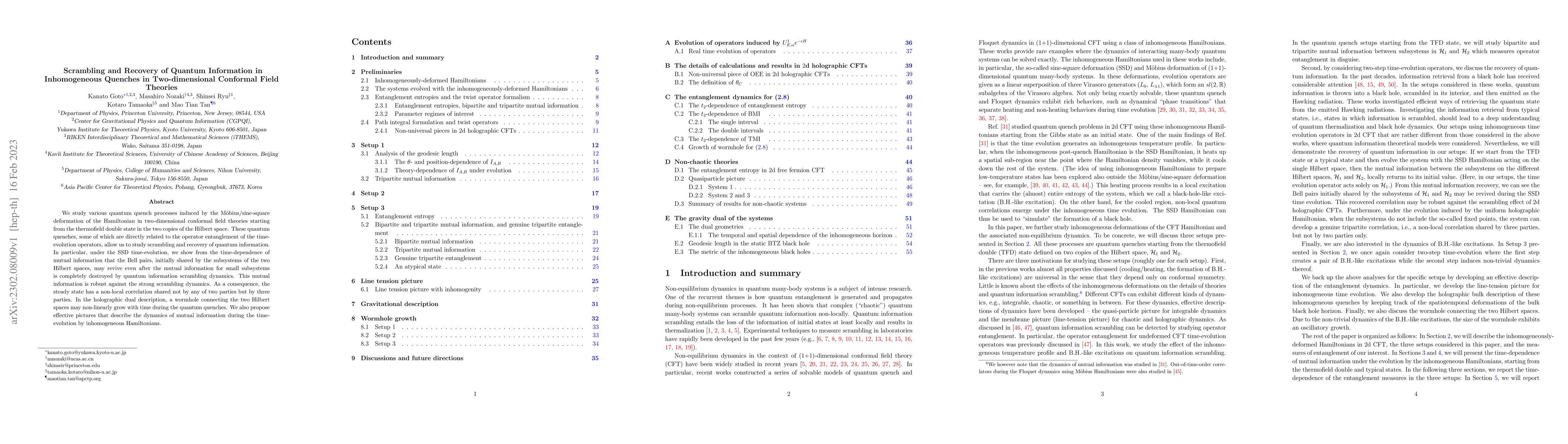 Thumbnail for Scrambling and Recovery of Quantum Information in Inhomogeneous Quenches
  in Two-dimensional Conformal Field Theories