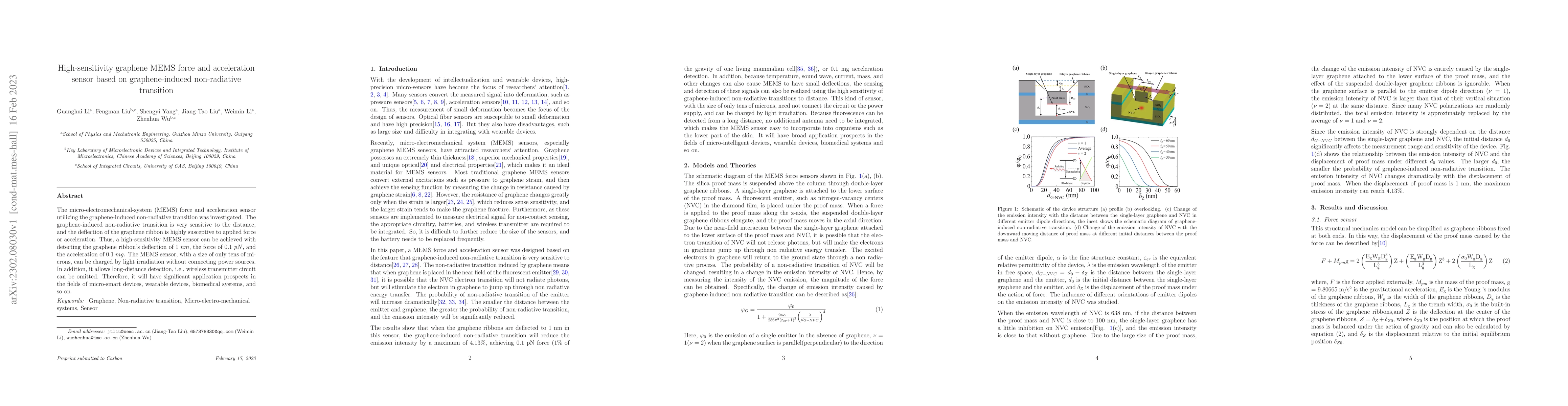 Thumbnail for High-sensitivity graphene MEMS force and acceleration sensor based on
  graphene-induced non-radiative transition