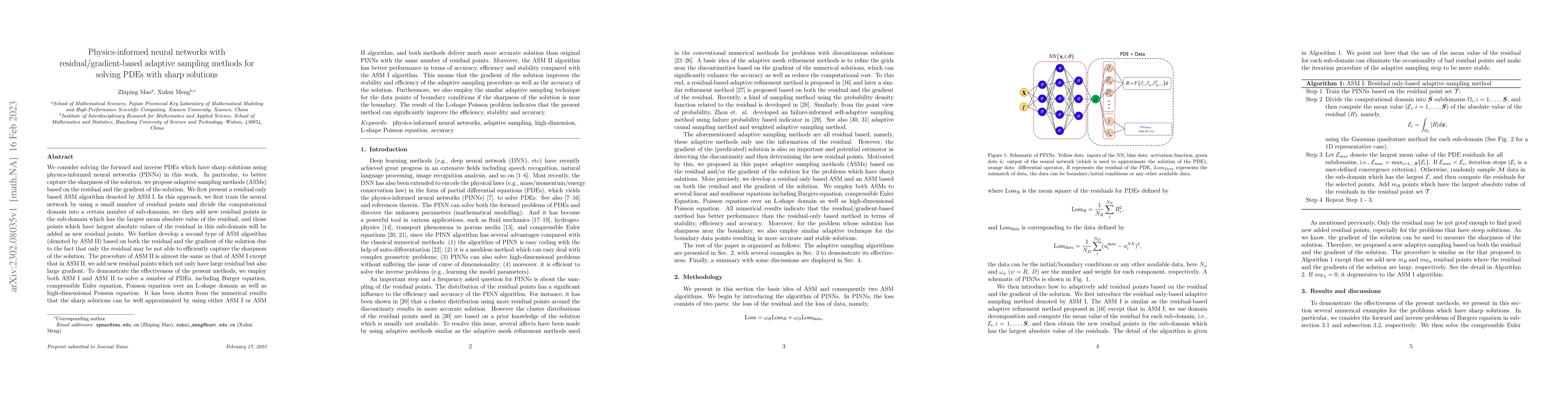 Thumbnail for Physics-informed neural networks with residual/gradient-based adaptive
  sampling methods for solving PDEs with sharp solutions