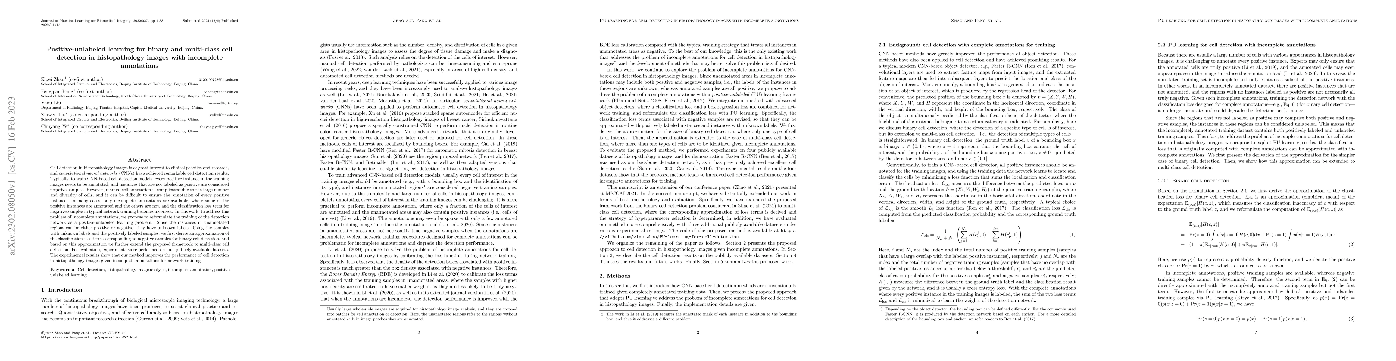 Thumbnail for Positive-unlabeled learning for binary and multi-class cell detection in
  histopathology images with incomplete annotations