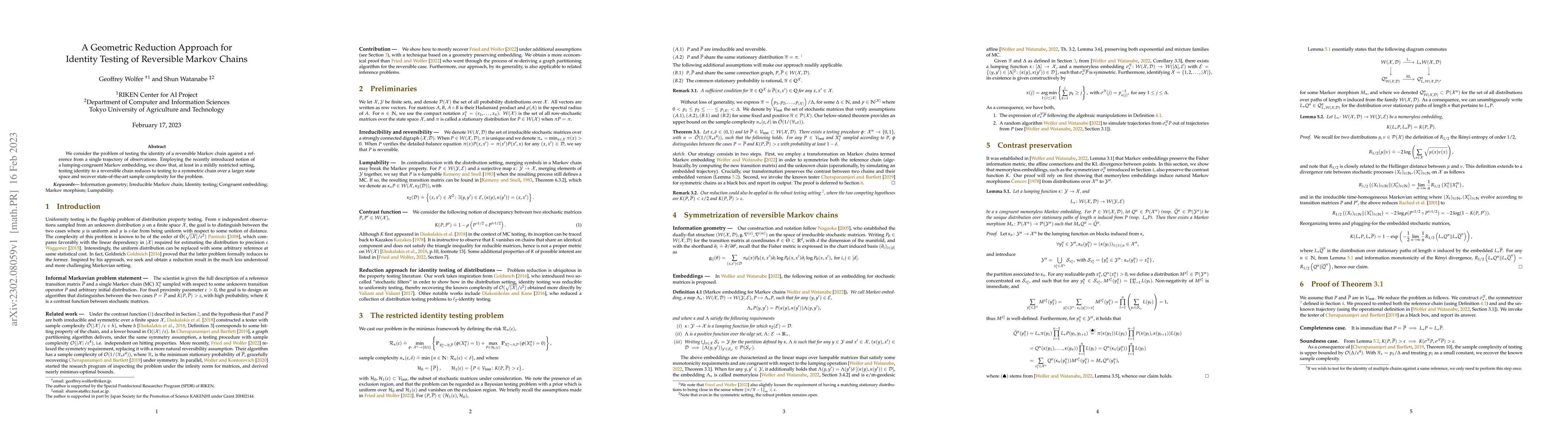 Thumbnail for A Geometric Reduction Approach for Identity Testing of Reversible Markov
  Chains