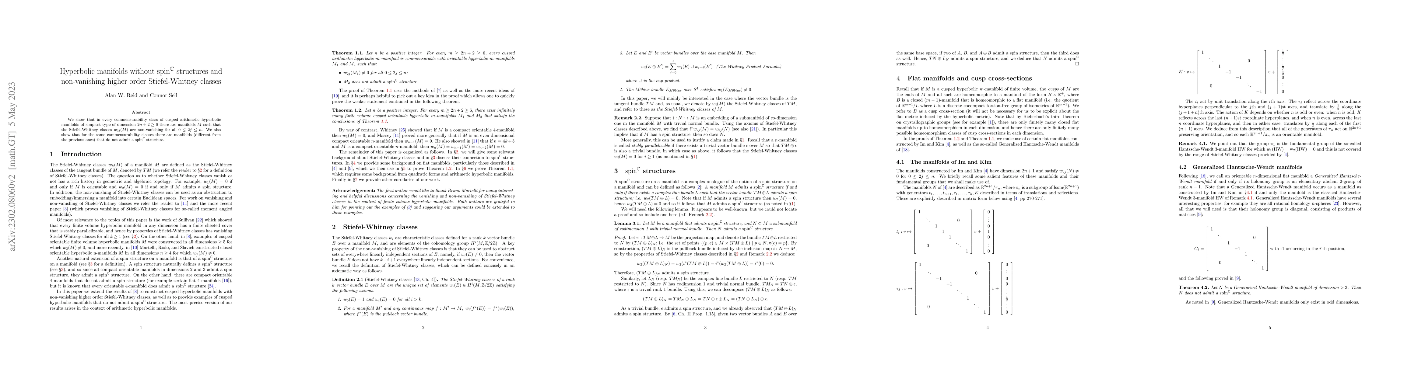 Thumbnail for Hyperbolic manifolds without $\text{spin}^\mathbb{C}$ structures and
  non-vanishing higher order Stiefel-Whitney classes