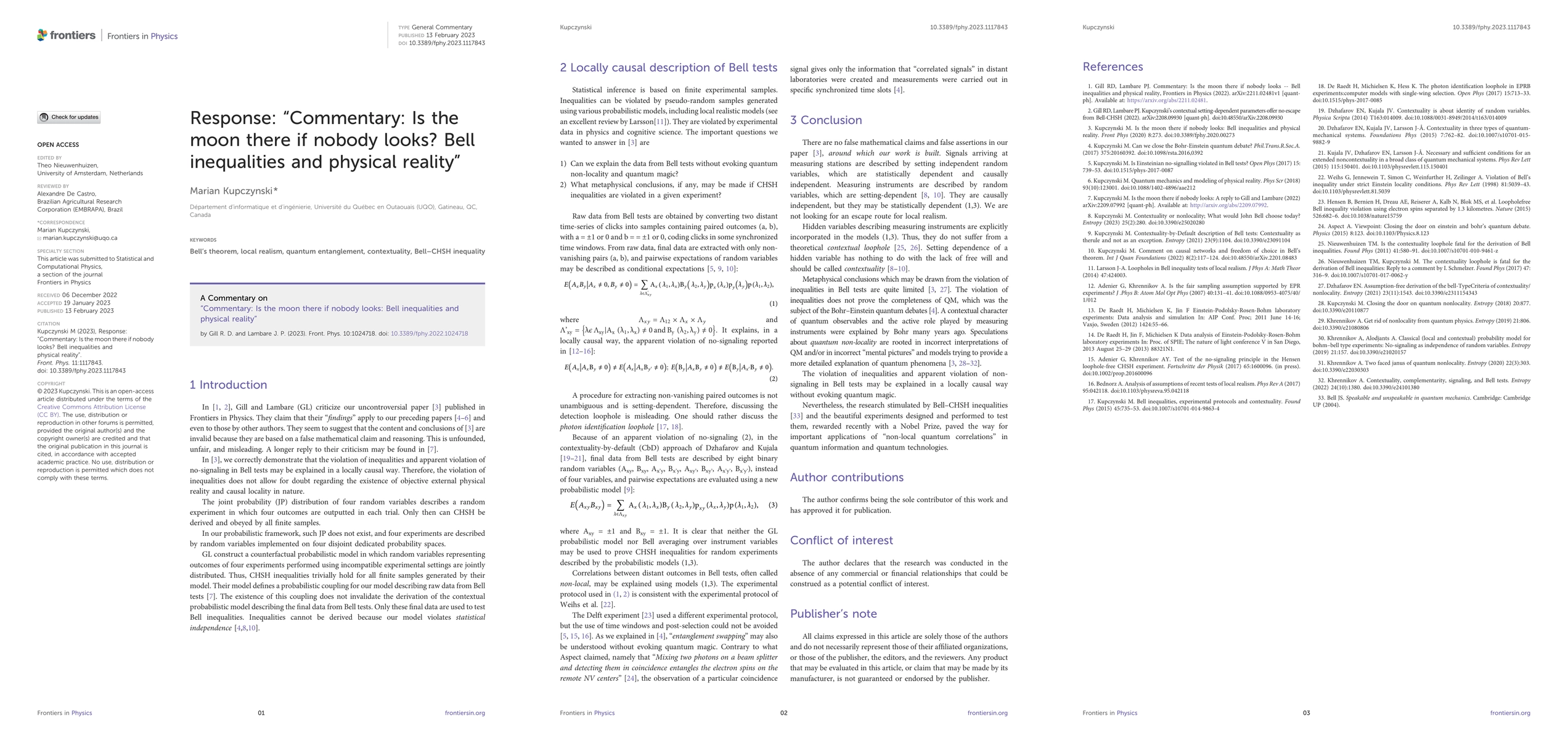 Thumbnail for Response: Commentary: Is the moon there if nobody looks? Bell
  inequalities and physical reality