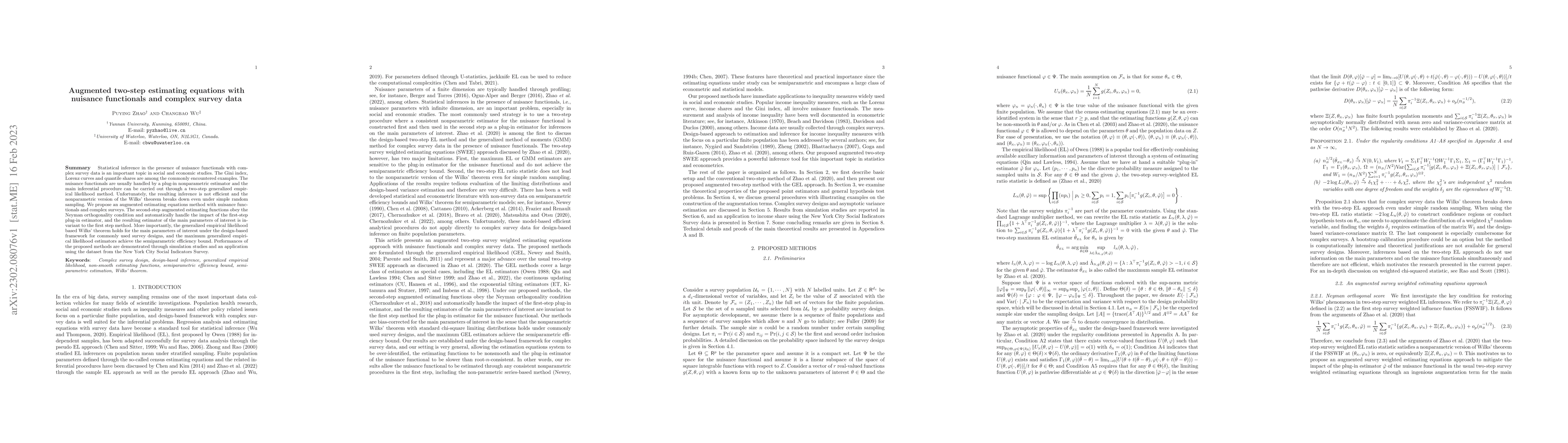 Thumbnail for Augmented two-step estimating equations with nuisance functionals and
  complex survey data