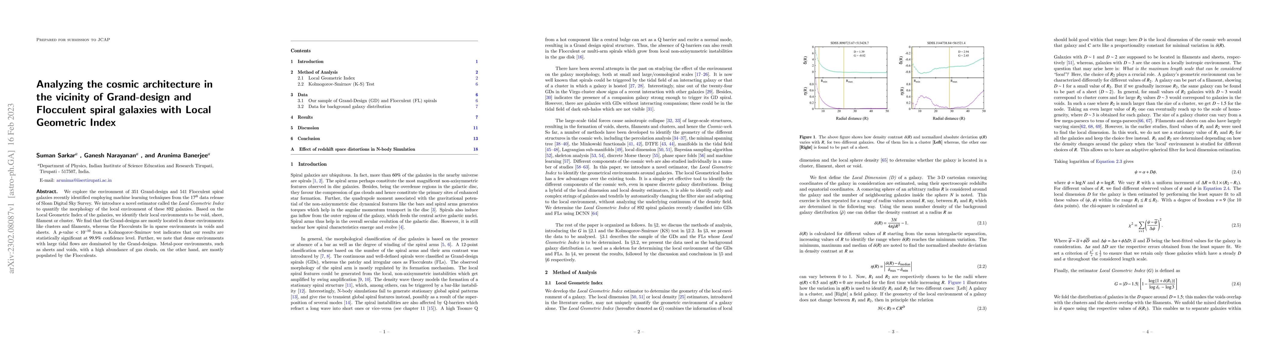 Thumbnail for Analyzing the cosmic architecture in the vicinity of Grand-design and
  Flocculent spiral galaxies with Local Geometric Index