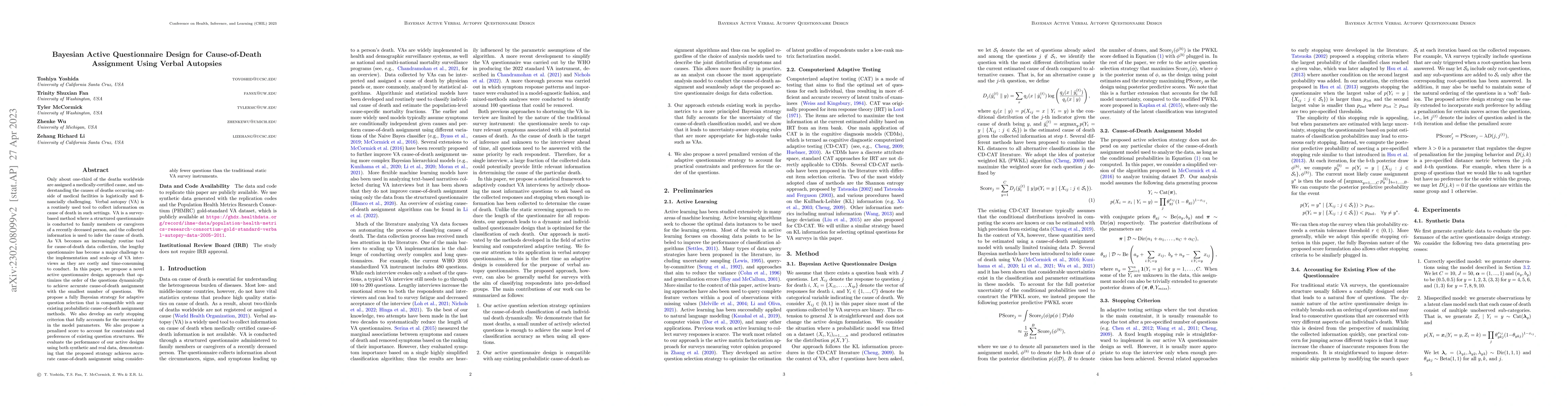 Thumbnail for Bayesian Active Questionnaire Design for Cause-of-Death Assignment Using
  Verbal Autopsies