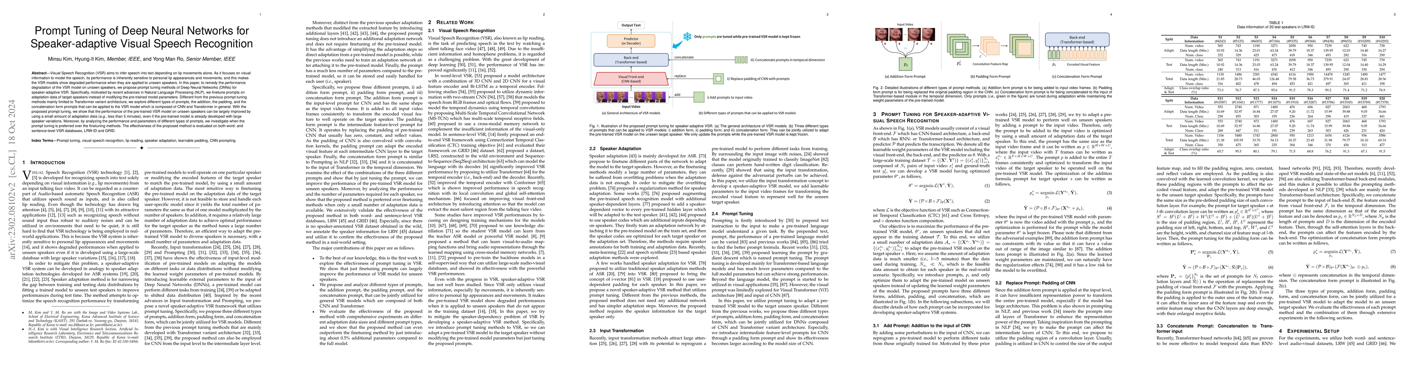 Thumbnail for Prompt Tuning of Deep Neural Networks for Speaker-adaptive Visual Speech
  Recognition