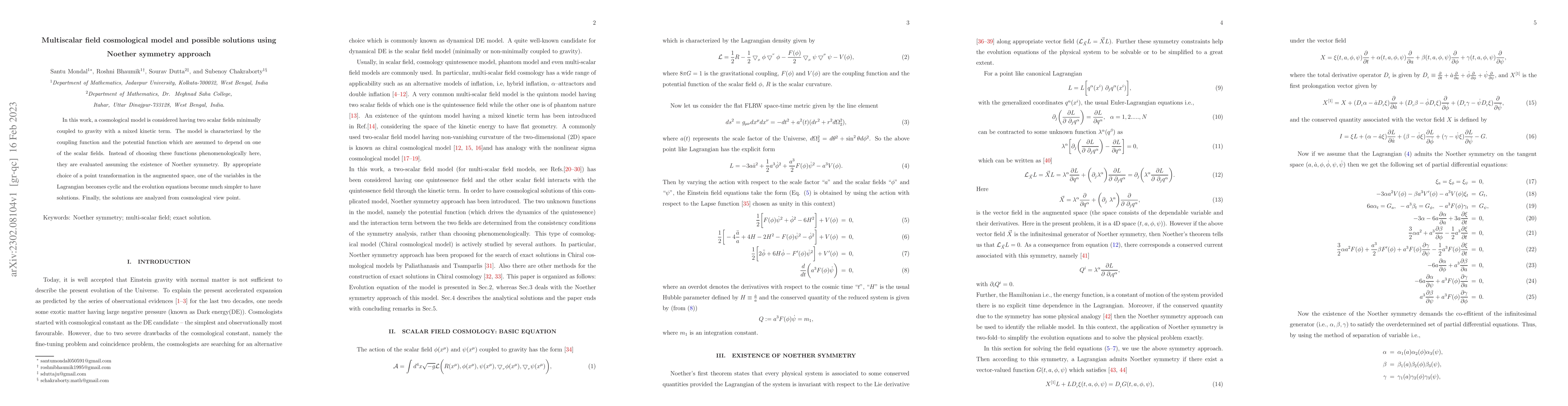 Thumbnail for Multiscalar field cosmological model and possible solutions using
  Noether symmetry approach