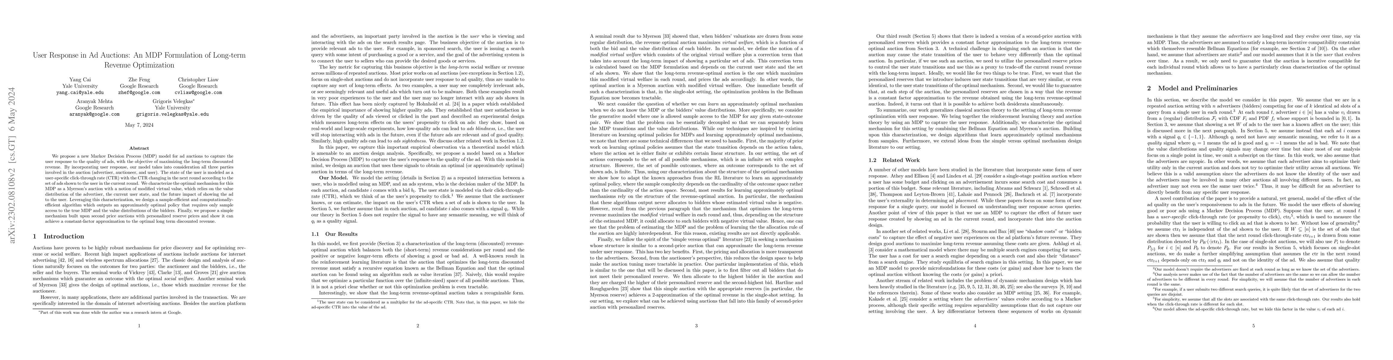 Thumbnail for User Response in Ad Auctions: An MDP Formulation of Long-Term Revenue
  Optimization
