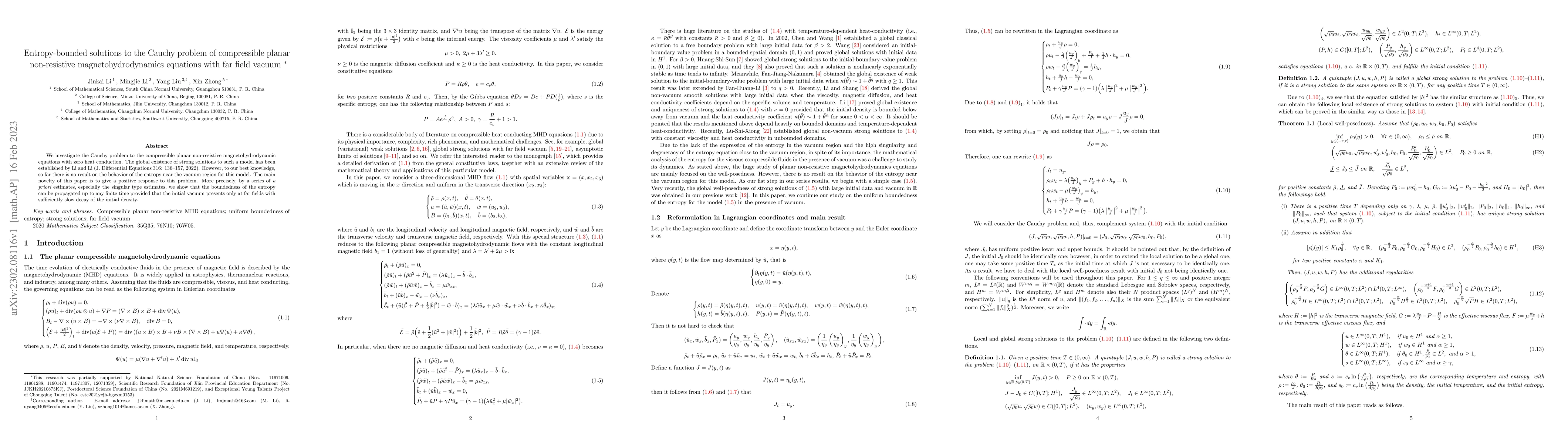 Thumbnail for Entropy-bounded solutions to the Cauchy problem of compressible planar
  non-resistive magnetohydrodynamics equations with far field vacuum