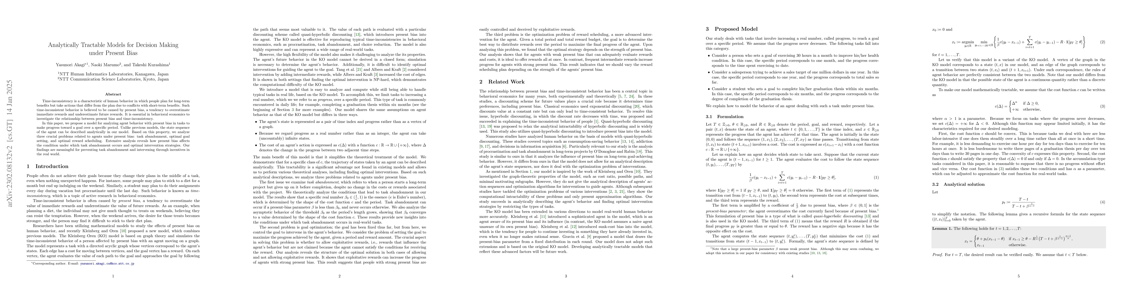 Thumbnail for Analytically Tractable Models for Decision Making under Present Bias