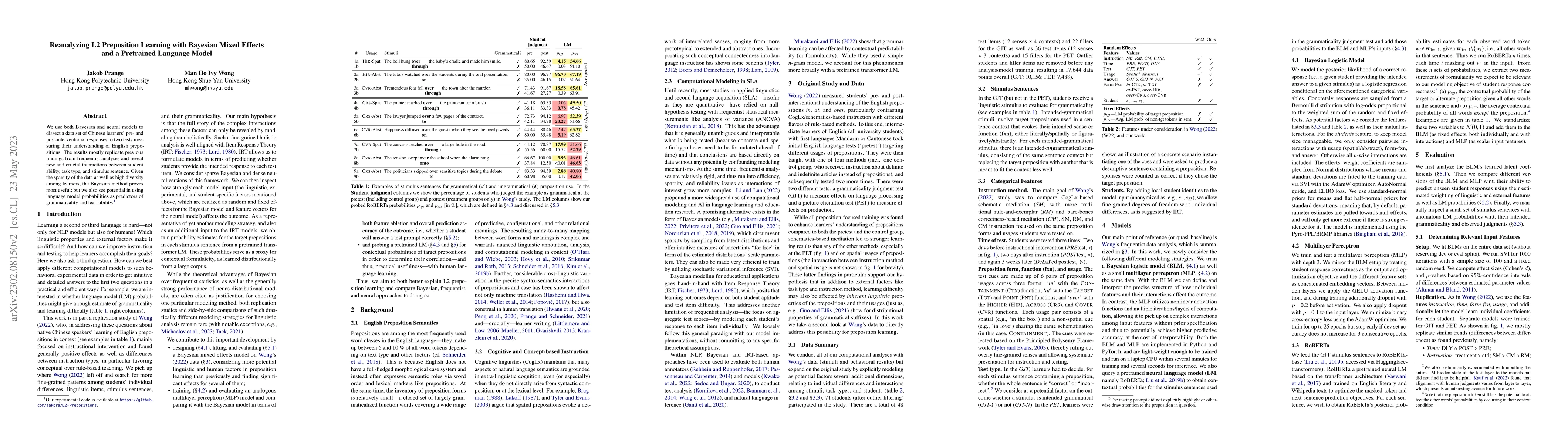 Thumbnail for Reanalyzing L2 Preposition Learning with Bayesian Mixed Effects and a
  Pretrained Language Model