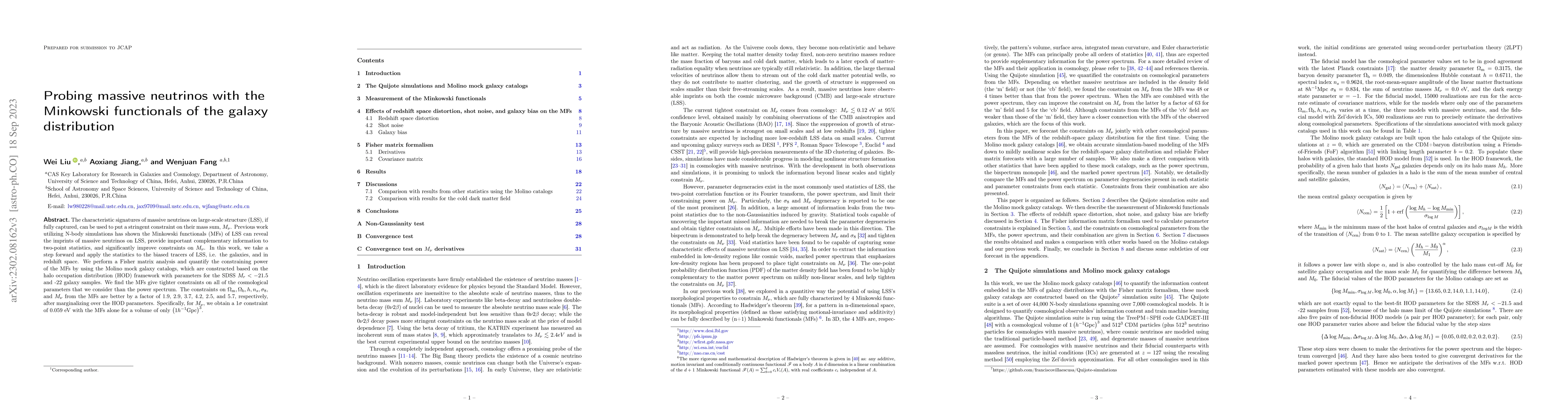 Thumbnail for Probing massive neutrinos with the Minkowski functionals of the galaxy
  distribution