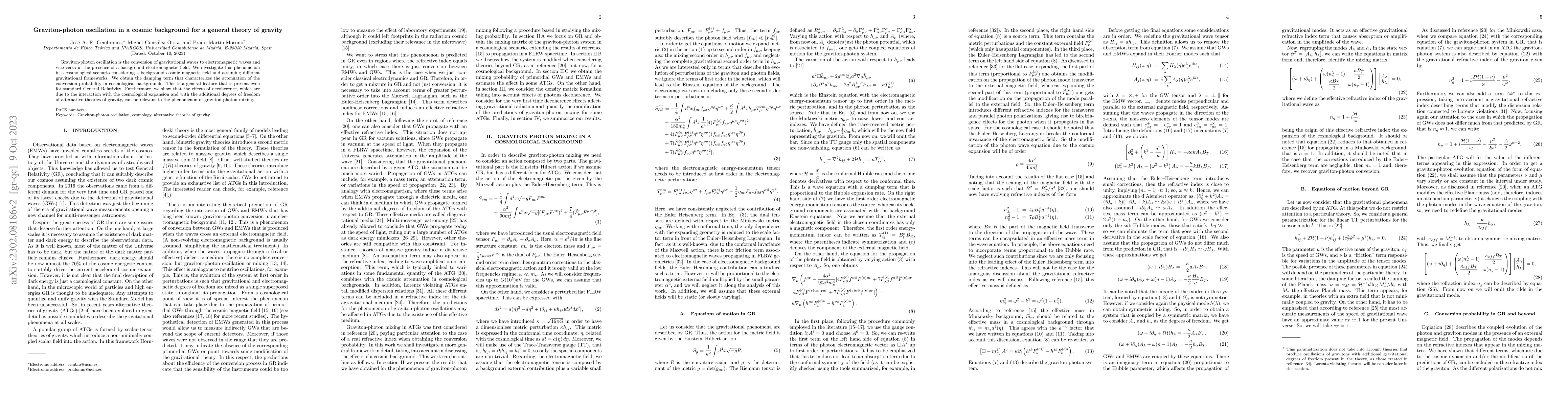 Thumbnail for Graviton-photon oscillation in a cosmic background for a general theory
  of gravity